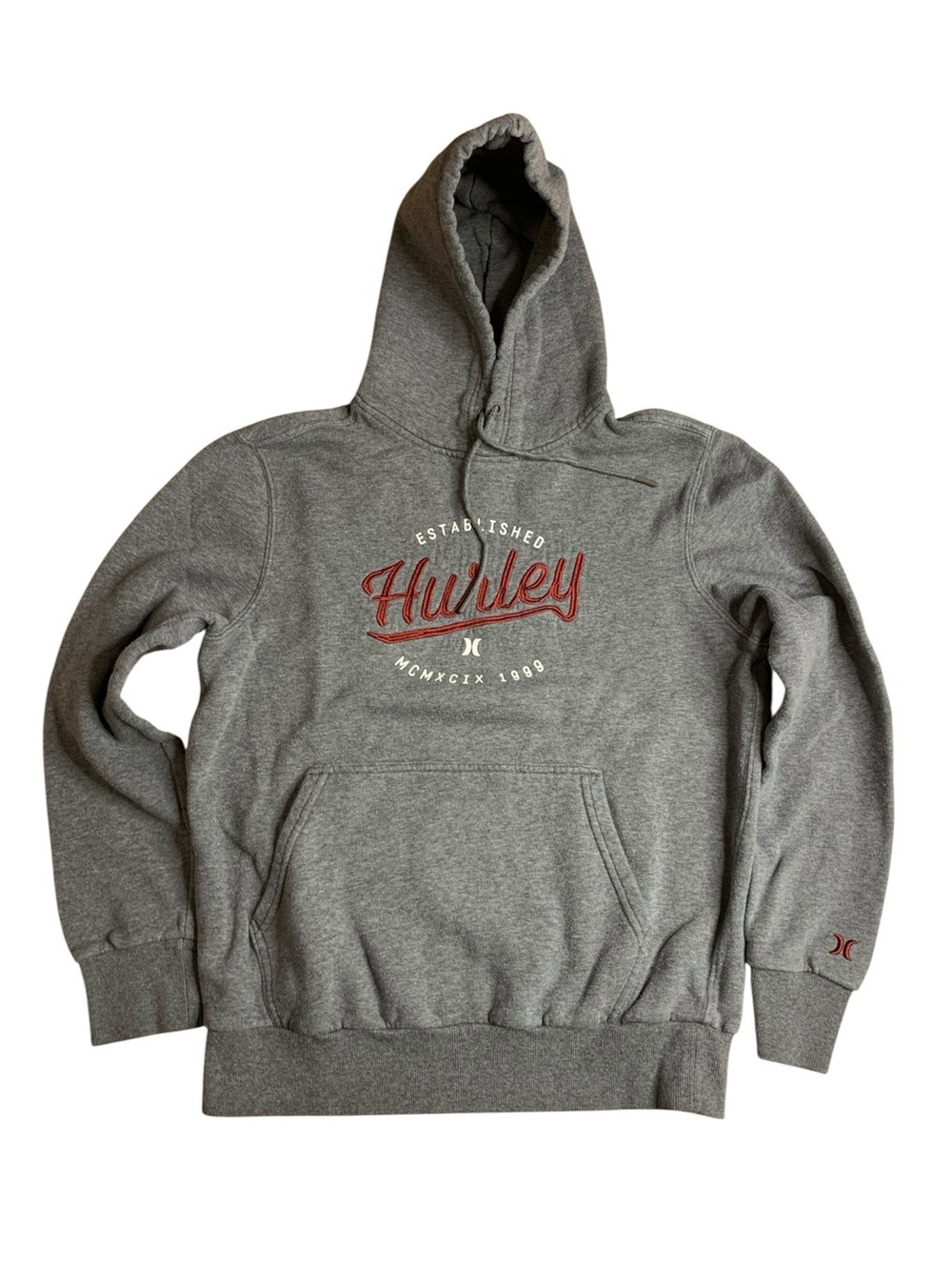 Hurley Mens Pullover Hoodie Grey Size Small Embroidered Graphic Sweatshirt S